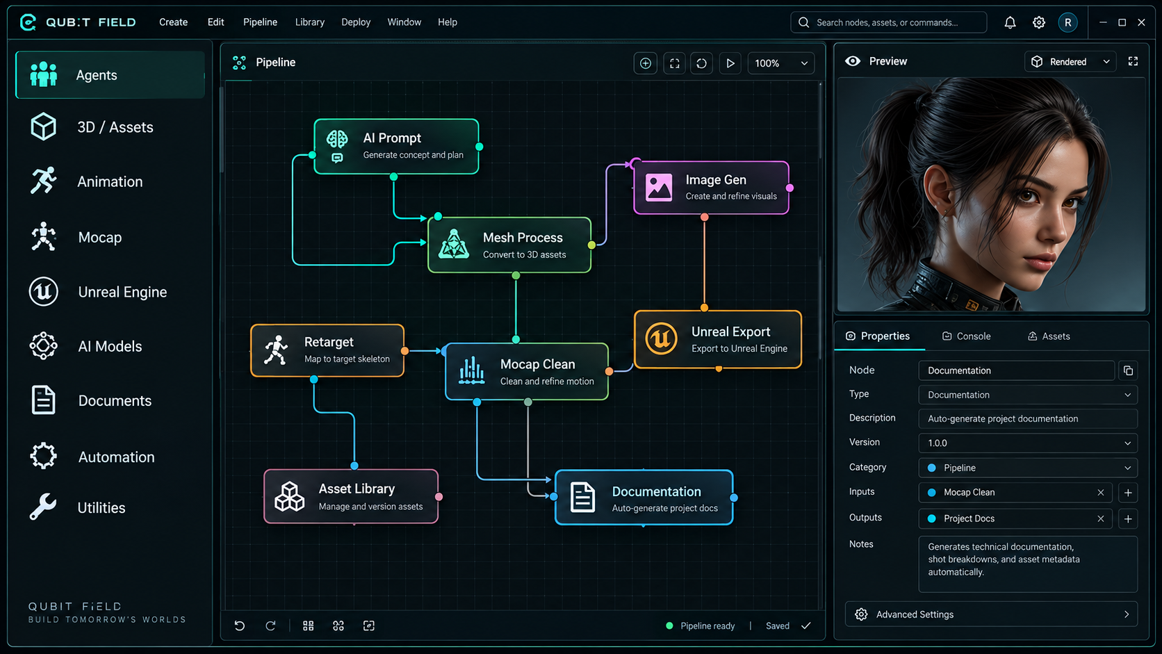 Qubit Field node-based AI production pipeline interface